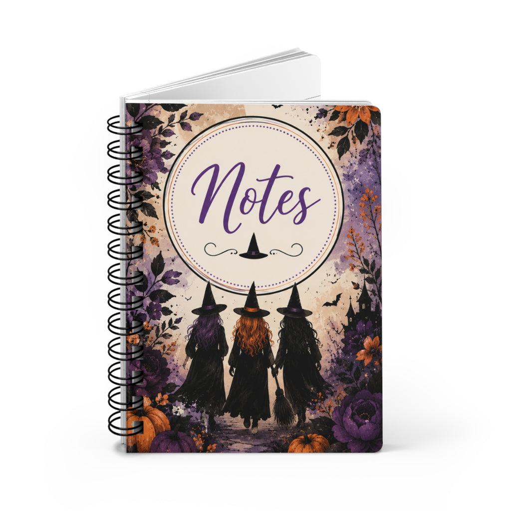 Witchy Notes Spiral Journal — Halloween Witch Trio Floral Notebook