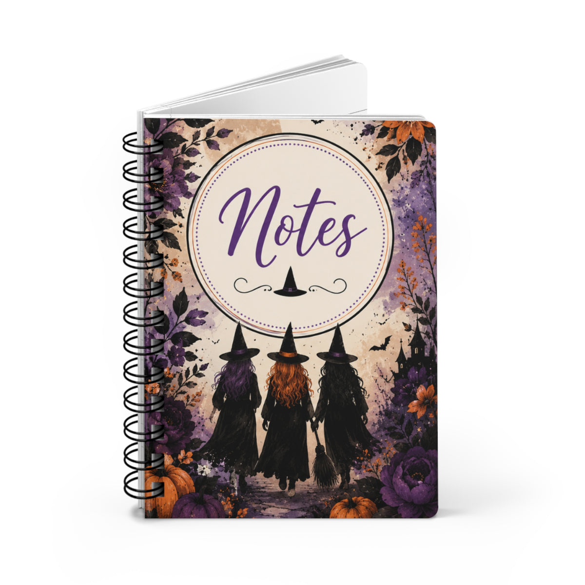 Witchy Notes Spiral Journal — Halloween Witch Trio Floral Notebook