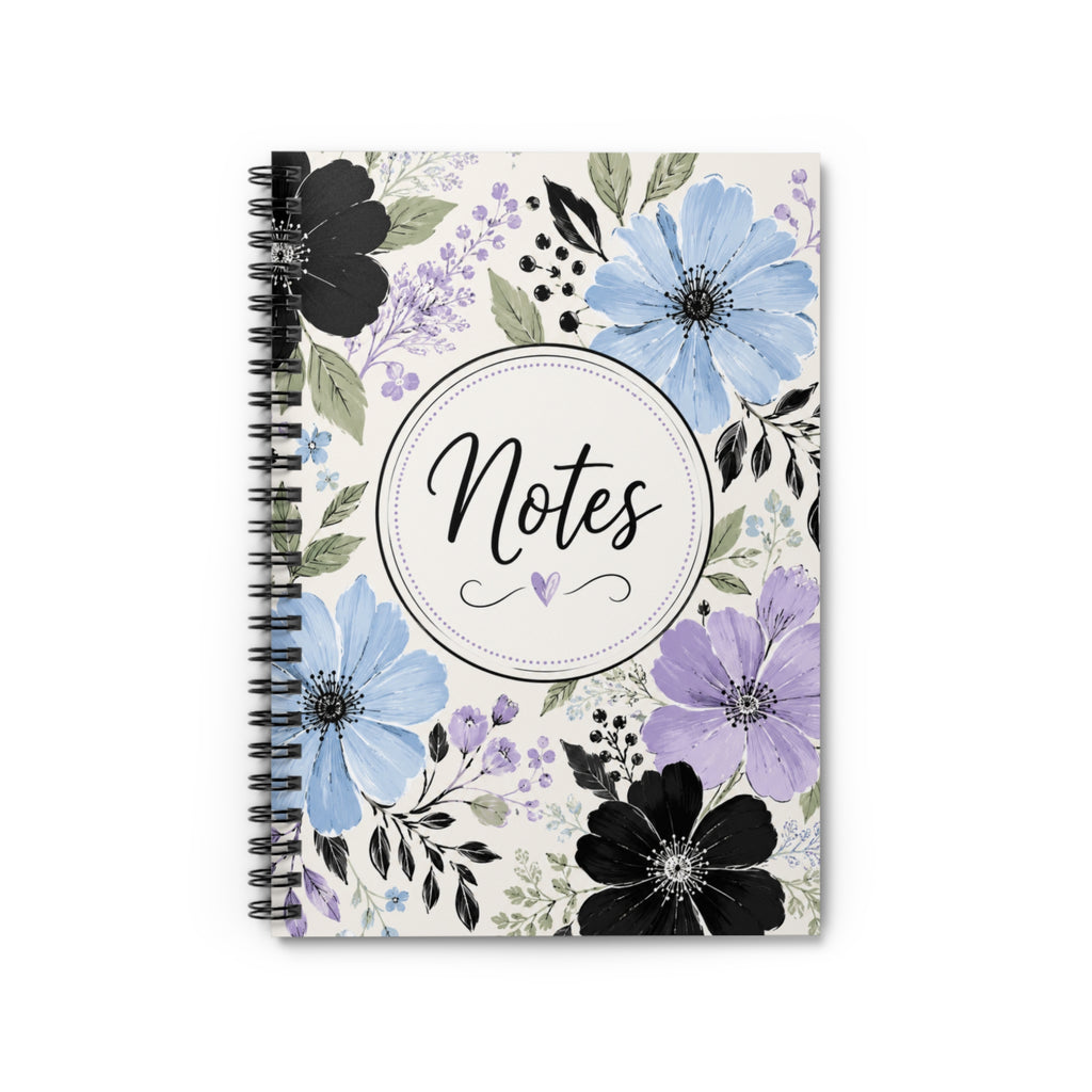 Floral 'Notes' Spiral Notebook – Ruled Journal with Blue & Purple Blooms